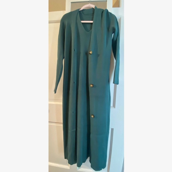 2 Piece Set: Knit Midi Pencil Dress and Long Cardigan Button Through Green - Picture 14 of 14